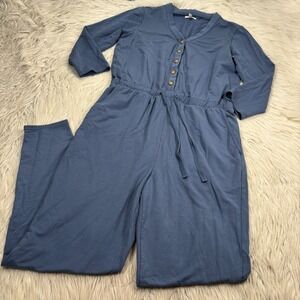 Garnet Hill Women's S Blue Soft Stretch Traverse Henley Jumpsuit Lounge Cozycore